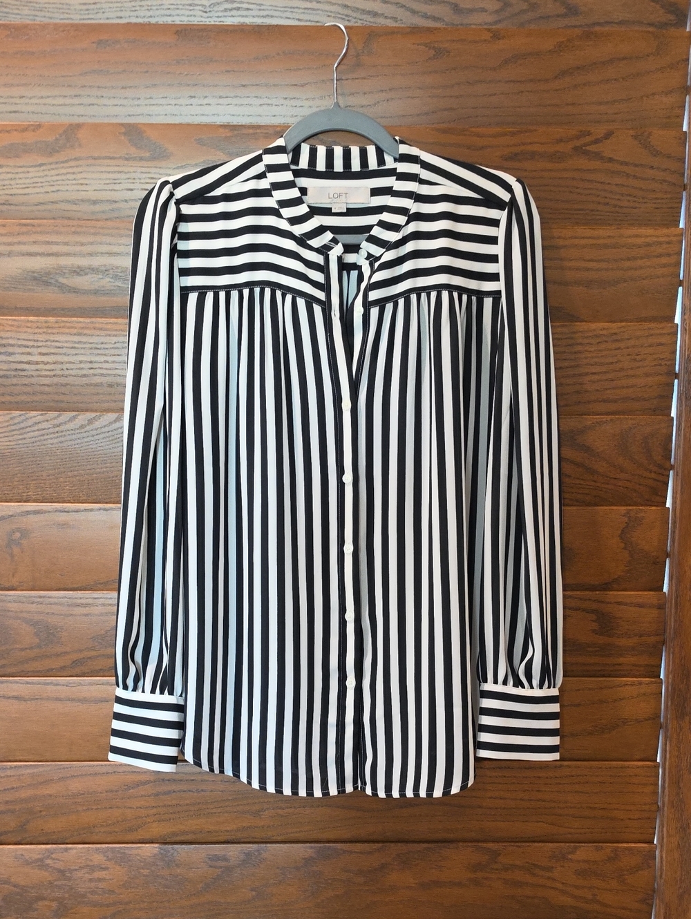 LOFT Black and White Vertical Stripe Button-Front Blouse